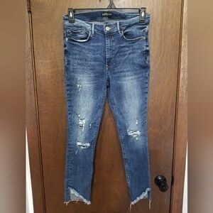 Express Women's Distressed High Rise Skinny Jeans in Medium Blue Wash
